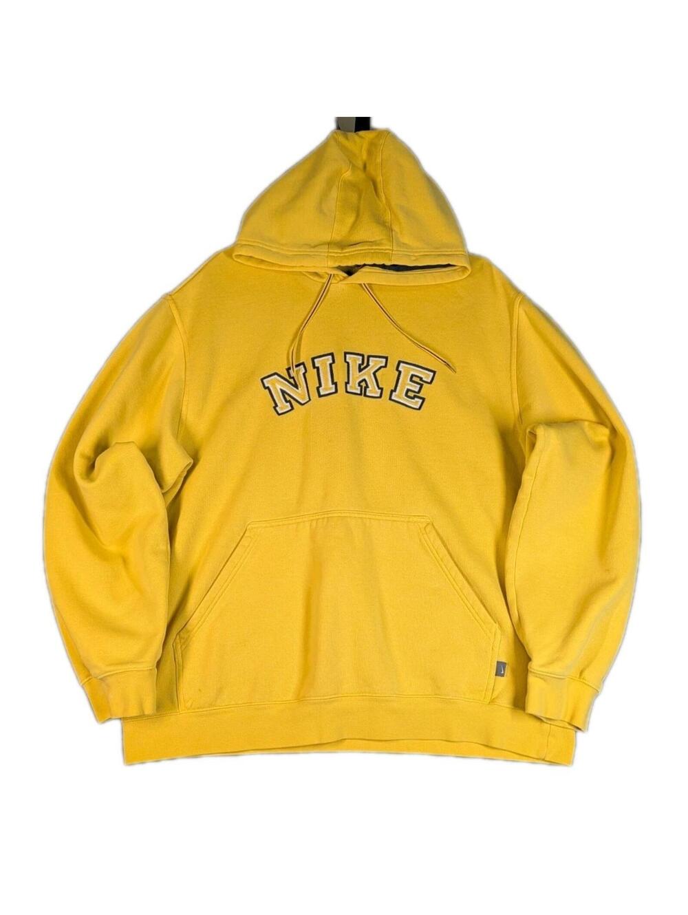 Y2K Nike Mens 2XL Yellow Hoodie Pullover Swoosh Logo Streetwear Fleece Cozy Warm